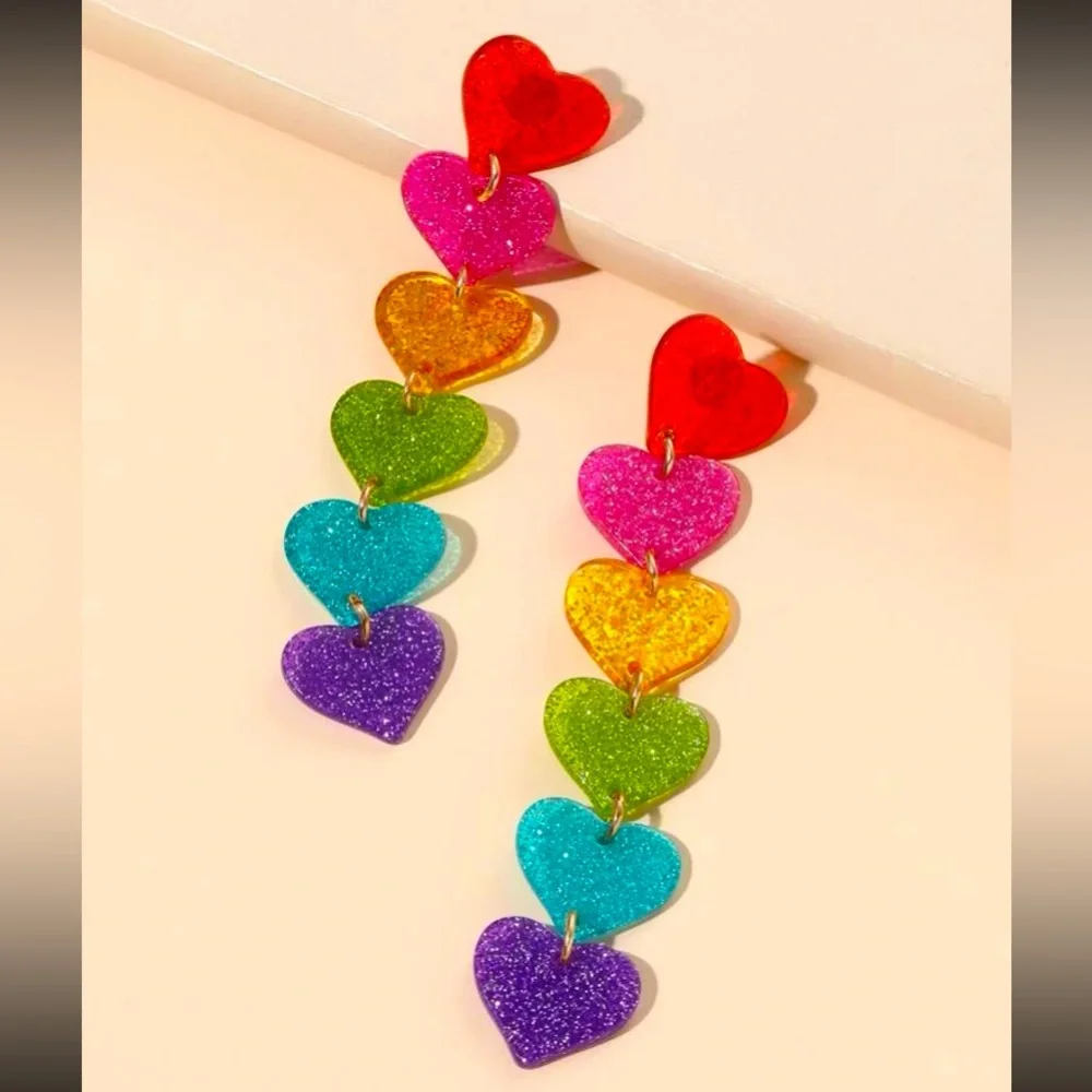 Vibrant❤️🌈Valentine Fun Rainbow Heart Linear Lightweight Statement Earrings - Picture 7 of 7